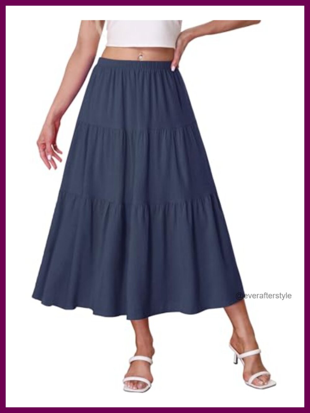 Boho Midi Skirt A-Line Flowy Tiered High Waist Elastic Cotton Blend